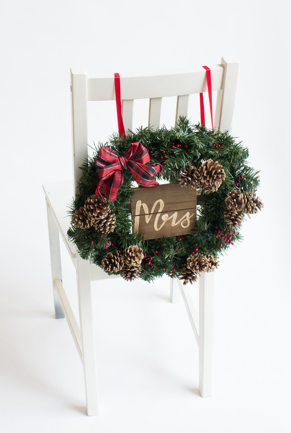 winter wedding chair back or a christmas wreath chair back 