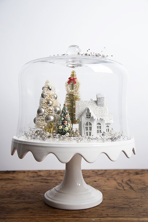 christmas cake stand with village 