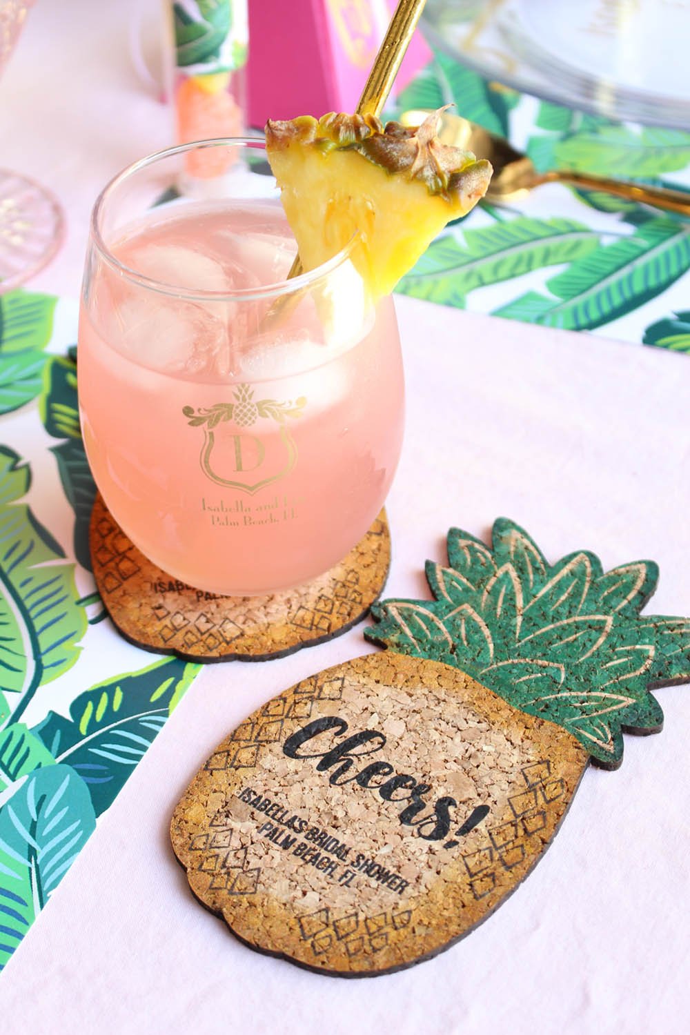 tropical bridal shower, tropical wedding, pineapple bridal shower, pineapple wedding, pineapple drink, pineapple coaster