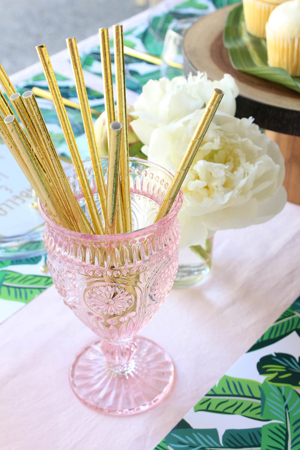 tropical bridal shower, tropical wedding, pineapple bridal shower, pineapple wedding, gold straws, pink vintage glass