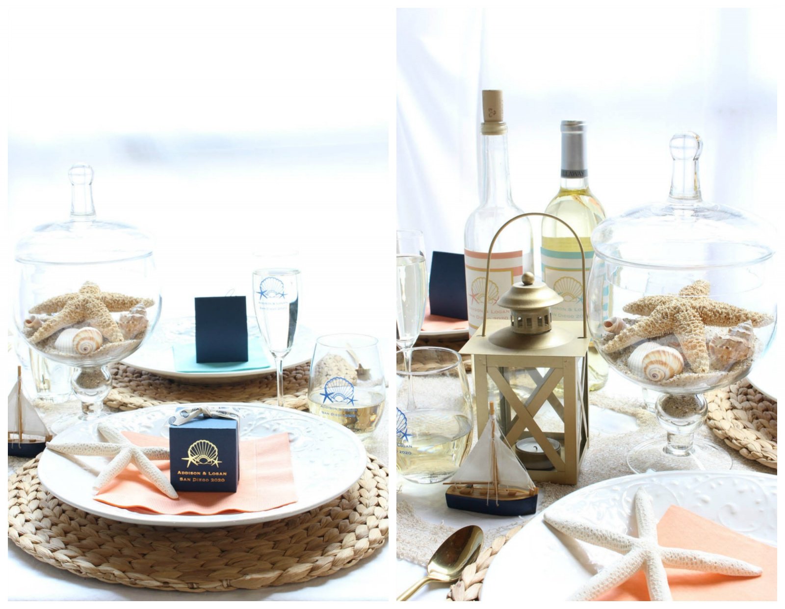 beach wedding, seaside wedding beach wedding ideas, ocean wedding, seashell wedding, seashell wedding ideas, beach wedding table, beach tablescape, starfish centerpiece, lantern centerpiece, sailboat centerpiece