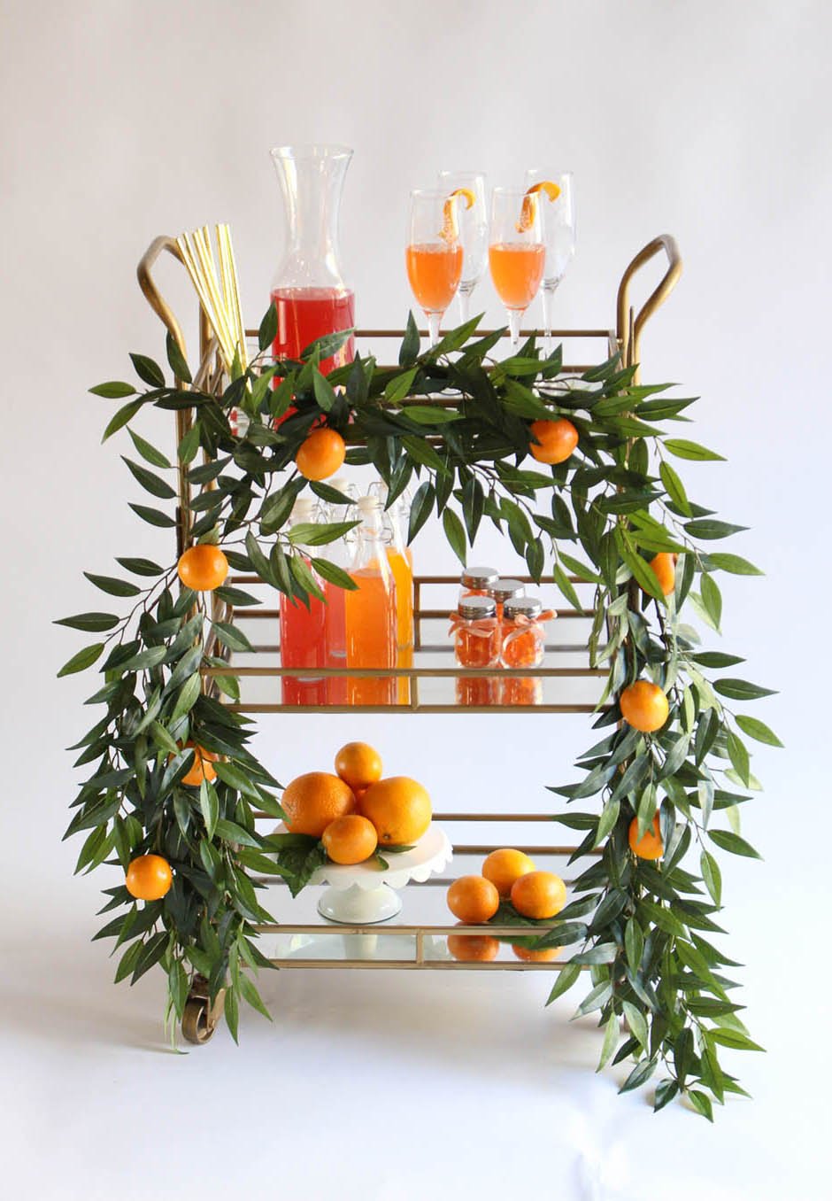 citrus bar cart, summer bar cart, bar cart styling, bar cart garland, orange garland, fruit garland, citrus garland, orange party, fruit party, orange bar cart, mimosa bar cart