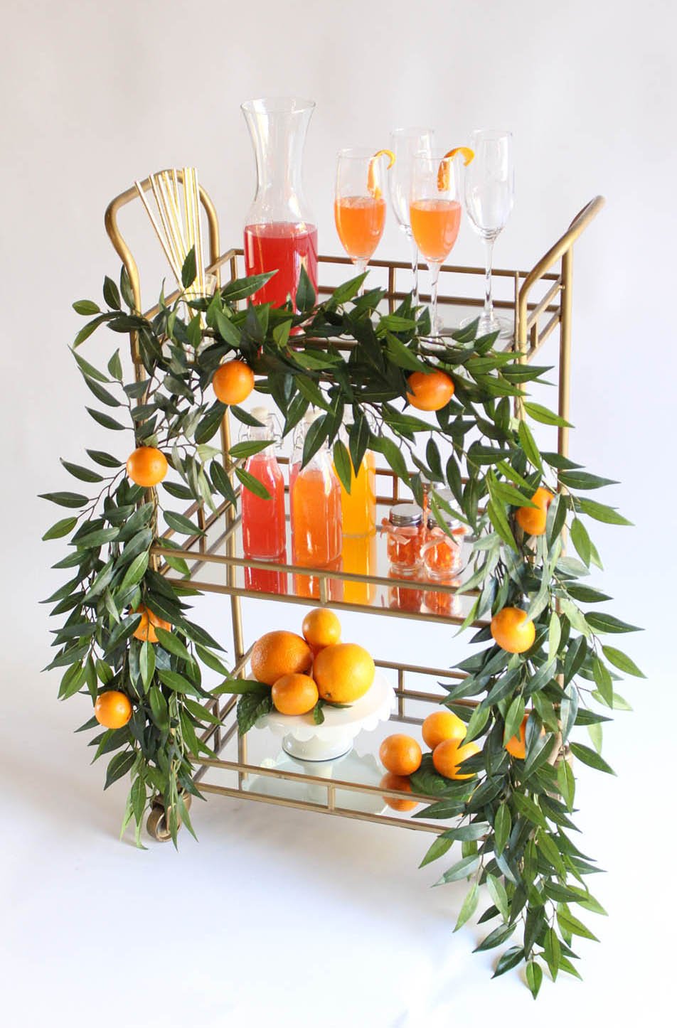 orange bar cart, mimosa bar cart, citrus bar cart, summer bar cart, bar cart styling, bar cart garland, orange garland, fruit garland, citrus garland, orange party, fruit party 