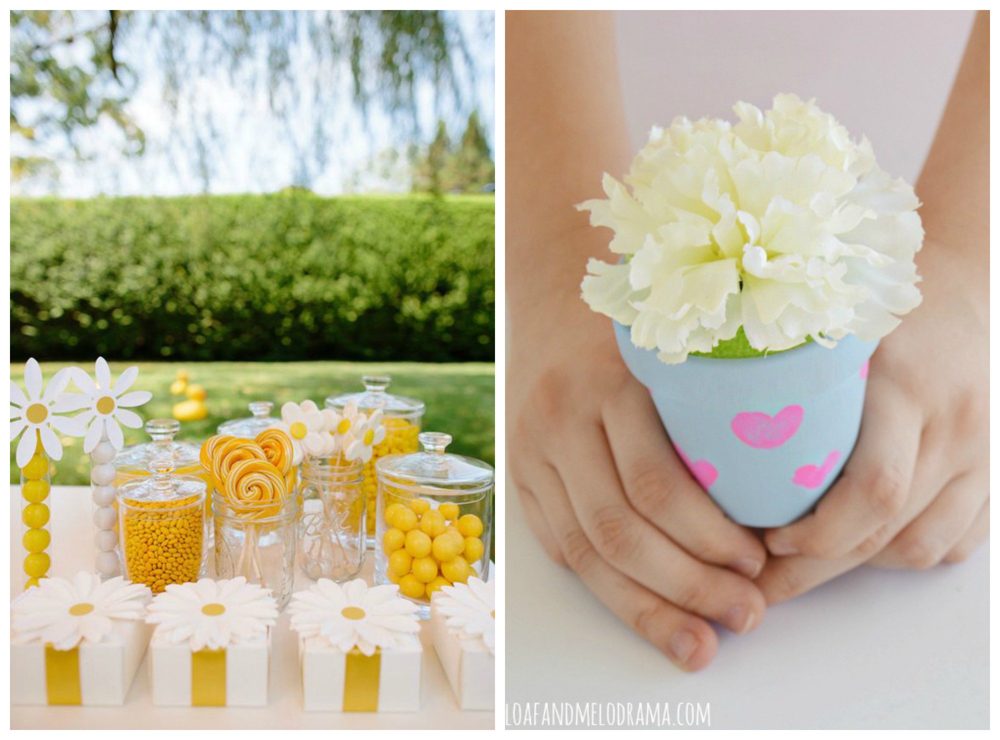 flower birthday party, flower themed birthday party, garden party, garden birthday party , flower favor, plant favor, mini flower pot favor, flower pot favor, flower candy bar, yellow candy bar, daisy candy bar 